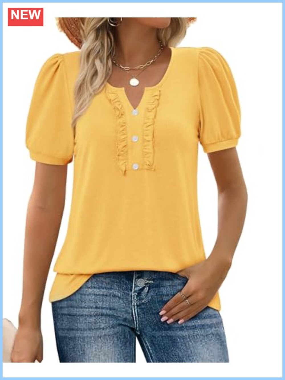 Puff Short Sleeve Ruffle V Neck Blouse Dressy Casual Tunic Top